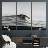 24029476-MGV-CV-36X24-Black Wave Wall Art Canvas Print, Framed Abstract Surf Art Picture Print, Minimalist Ocean Perfect Minimalist Coastal Decor