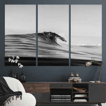 24029476-MGV-CV-36X24-Black Wave Wall Art Canvas Print, Framed Abstract Surf Art Picture Print, Minimalist Ocean Perfect Minimalist Coastal Decor