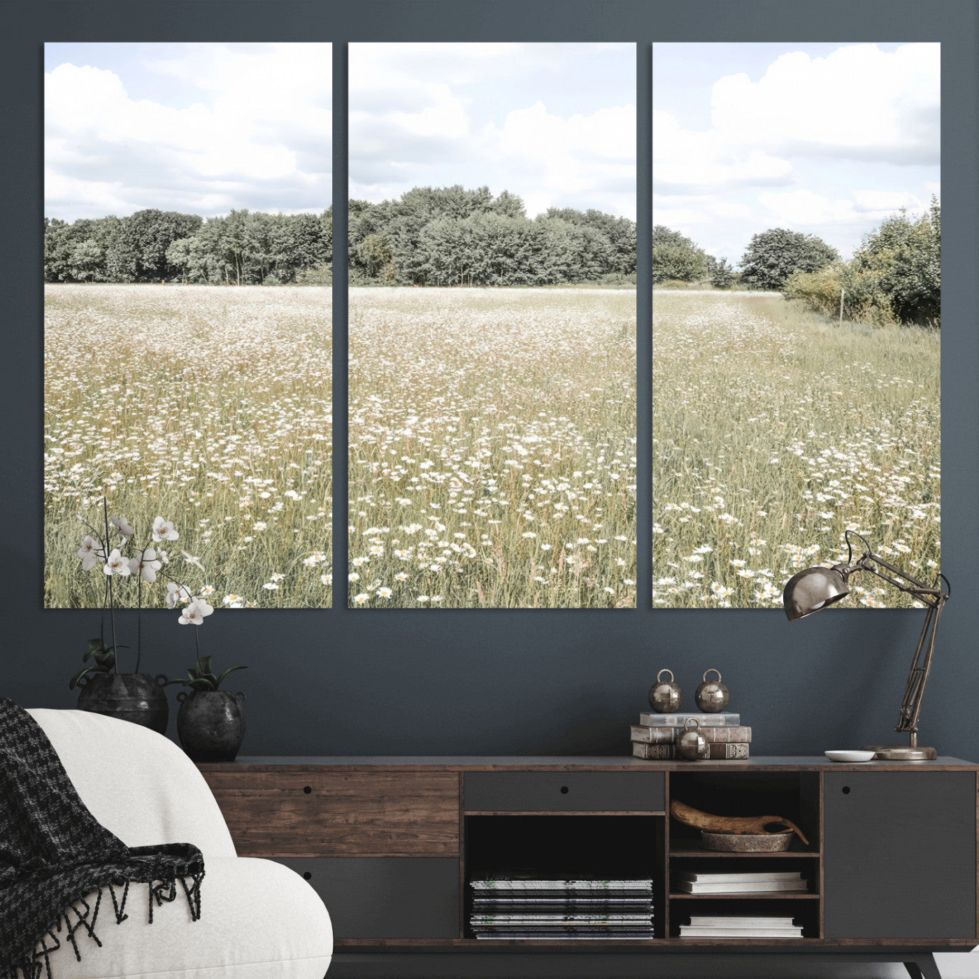 43258946-MGV-CV-36X24-Daisy Field Wall Art Canvas Print, Framed Pastel Flower Art Picture Print, Meadow Bloom Perfect Scandinavian Minimalist Decor