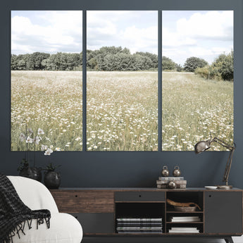 43258946-MGV-CV-36X24-Daisy Field Wall Art Canvas Print, Framed Pastel Flower Art Picture Print, Meadow Bloom Perfect Scandinavian Minimalist Decor
