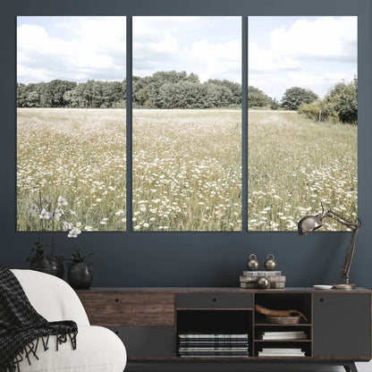 43258946-MGV-CV-36X24-Daisy Field Wall Art Canvas Print, Framed Pastel Flower Art Picture Print, Meadow Bloom Perfect Scandinavian Minimalist Decor
