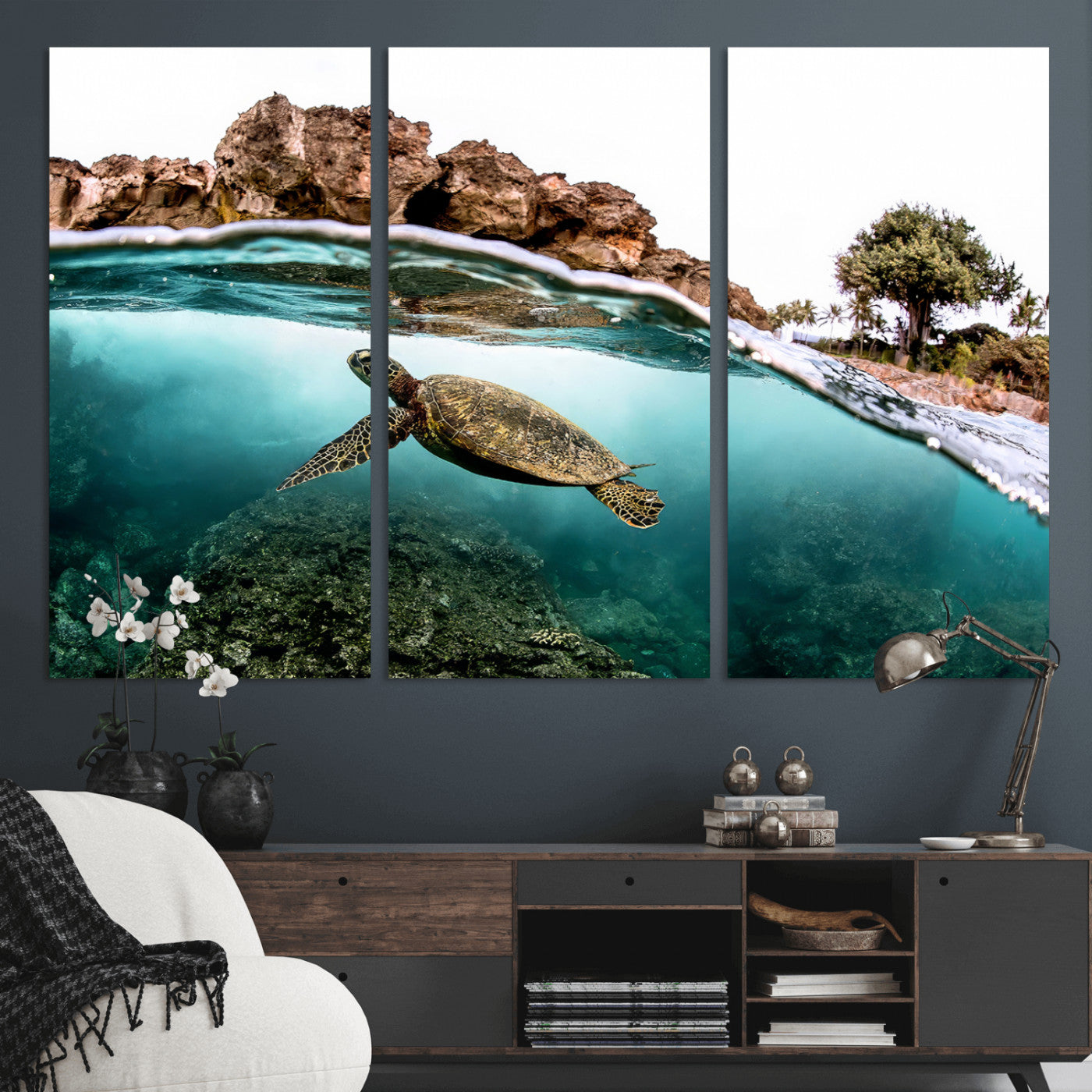 44200301-MGV-CV-36X24-Sea Turtle Swim Wall Art Canvas Print, Framed Ocean Life Art Picture Print, Tropical Shoreline Perfect Tropical Coastal Decor
