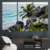 94669907-MGV-CV-36X24-Tropical Coastline Wall Art Canvas Print, Framed Palm Tree Art Picture Print, Rocky Beach Perfect Tropical Coastal Decor Artwork