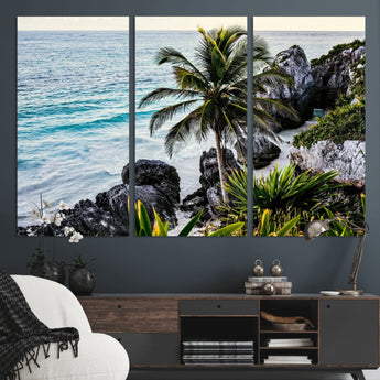 94669907-MGV-CV-48X32-3P-Tropical Coastline Wall Art Canvas Print, Framed Palm Tree Art Picture Print, Rocky Beach Perfect Tropical Coastal Decor Artwork