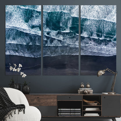 87941475-MGV-CV-36X24-Black Beach Wall Art Canvas Print, Framed Aerial Ocean Art Picture Print, Moody Coastal Perfect Modern Coastal Decor Artwork
