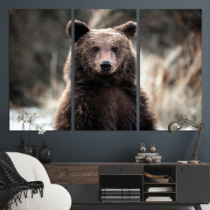 47112103-MGV-CV-36X24-Brown Bear Wall Art Canvas Print, Framed Forest Wildlife Art Picture Print, Woodland Bear Perfect Rustic Cabin Decor Artwork