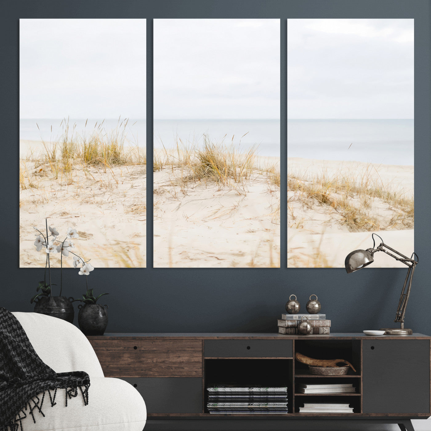 13146857-MGV-CV-36X24-Beach Dunes Wall Art Canvas Print, Framed Soft Horizon Art Picture Print, Coastal Grass Perfect Minimalist Coastal Decor Artwork
