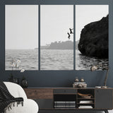 52284302-MGV-CV-36X24-Cliff Jumping Wall Art Canvas Print, Framed Ocean Adventure Art Picture Print, Black White Coast Perfect Modern Coastal Decor