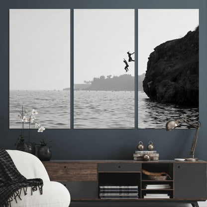 52284302-MGV-CV-36X24-Cliff Jumping Wall Art Canvas Print, Framed Ocean Adventure Art Picture Print, Black White Coast Perfect Modern Coastal Decor