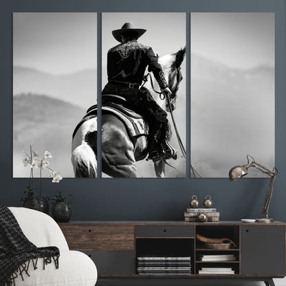 83102464-MGV-CV-36X24-Western Cowboy Wall Art Canvas Print, Framed Monochrome Horse Art Picture Print, Western Equestrian Perfect Rustic Western Decor