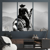 83102464-MGV-CV-48X32-3P-Western Cowboy Wall Art Canvas Print, Framed Monochrome Horse Art Picture Print, Western Equestrian Perfect Rustic Western Decor