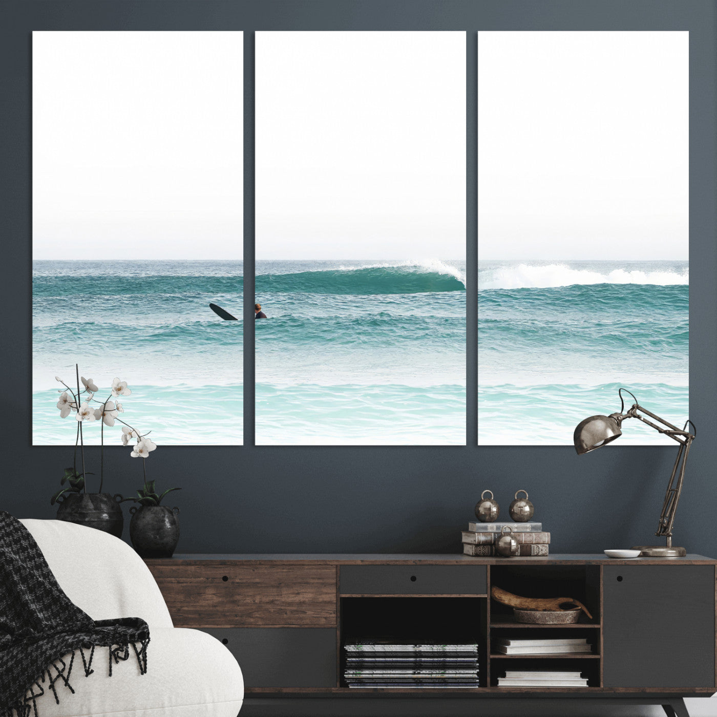 56345117-MGV-CV-36X24-Minimalist Surfing Wall Art Canvas Print, Framed Ocean Waves Art Picture Print, Soft Ocean Perfect Minimalist Coastal Decor