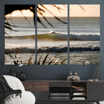 24896468-MGV-CV-36X24-Sunset Surf Wall Art Canvas Print, Framed Golden Waves Art Picture Print, Tropical Ocean Perfect Tropical Boho Decor Artwork