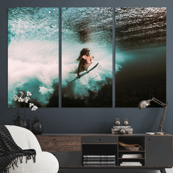 85923512-MGV-CV-36X24-Aquatic Motion Wall Art Canvas Print, Framed Underwater Swimming Art Picture Print, Female Surfer Diving Perfect Coastal Boho