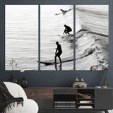 19875284-MGV-CV-36X24-Surfer Waves Wall Art Canvas Print, Framed Black White Surf Art Picture Print, Monochrome Ocean Perfect Modern Coastal Decor