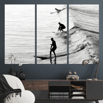 19875284-MGV-CV-36X24-Surfer Waves Wall Art Canvas Print, Framed Black White Surf Art Picture Print, Monochrome Ocean Perfect Modern Coastal Decor