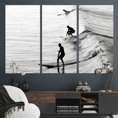 19875284-MGV-CV-36X24-Surfer Waves Wall Art Canvas Print, Framed Black White Surf Art Picture Print, Monochrome Ocean Perfect Modern Coastal Decor