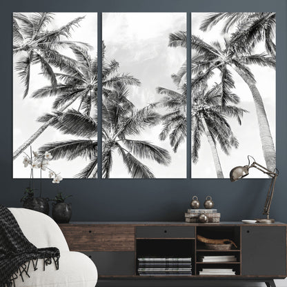 62113786-MGV-CV-36X24-Black White Palm Wall Art Canvas Print, Framed Monochrome Tropics Art Picture Print, Minimalist Beach Perfect Coastal Minimalist