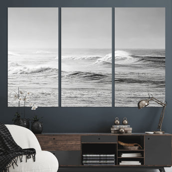 98634812-MGV-CV-36X24-Black and White Ocean Waves Wall Art – Minimalist Sea Canvas Print, Coastal Photography Decor for Living Room, Bedroom or Office