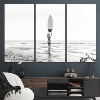 98446901-MGV-CV-36X24-Monochrome Surf Wall Art Canvas Print, Framed Minimalist Surfer Art Picture Print, Surfboard Silhouette Perfect Coastal Minimalist
