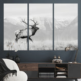 62278753-MGV-CV-36X24-Monochrome Elk Wall Art Canvas Print, Framed Mountain Wildlife Art Picture Print, Rustic Nature Perfect Rustic Minimalist Decor