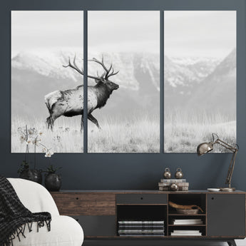 62278753-MGV-CV-36X24-Monochrome Elk Wall Art Canvas Print, Framed Mountain Wildlife Art Picture Print, Rustic Nature Perfect Rustic Minimalist Decor