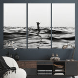 69541918-MGV-CV-36X24-Black White Ocean Wall Art Canvas Print, Framed Moody Seascape Art Picture Print, Surfer Sign Perfect Moody Minimalist Decor