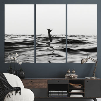 69541918-MGV-CV-36X24-Black White Ocean Wall Art Canvas Print, Framed Moody Seascape Art Picture Print, Surfer Sign Perfect Moody Minimalist Decor