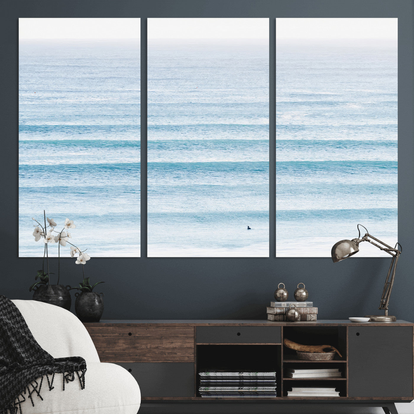 77145995-MGV-CV-36X24-Ocean Simplicity Wall Art Canvas Print, Framed Surfer on Water Art Picture Print, Light Blue Perfect Coastal Minimalist Decor