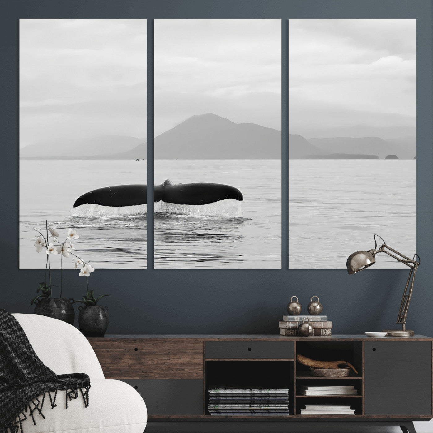 30524220-MGV-CV-36X24-Whale Tail Wall Art Canvas Print, Framed Black White Ocean Art Picture Print, Calm Marine Perfect Minimalist Coastal Decor Artwork
