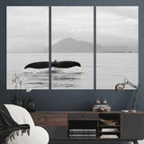 30524220-MGV-CV-36X24-Whale Tail Wall Art Canvas Print, Framed Black White Ocean Art Picture Print, Calm Marine Perfect Minimalist Coastal Decor Artwork