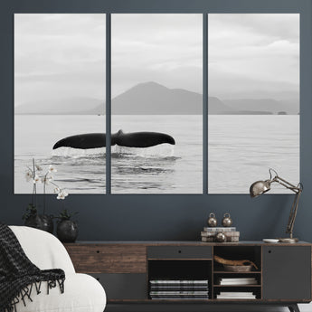 30524220-MGV-CV-36X24-Whale Tail Wall Art Canvas Print, Framed Black White Ocean Art Picture Print, Calm Marine Perfect Minimalist Coastal Decor Artwork