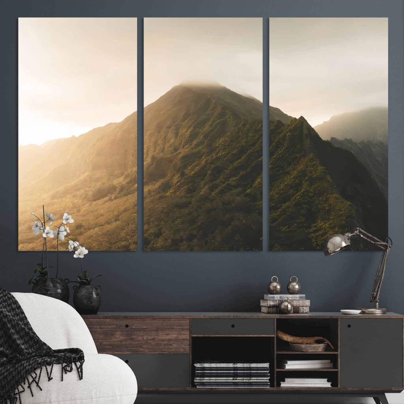 42338636-MGV-CV-36X24-Golden Mountain Wall Art Canvas Print, Framed Misty Summit Art Picture Print, Rugged Landscape Perfect Moody Wilderness Decor