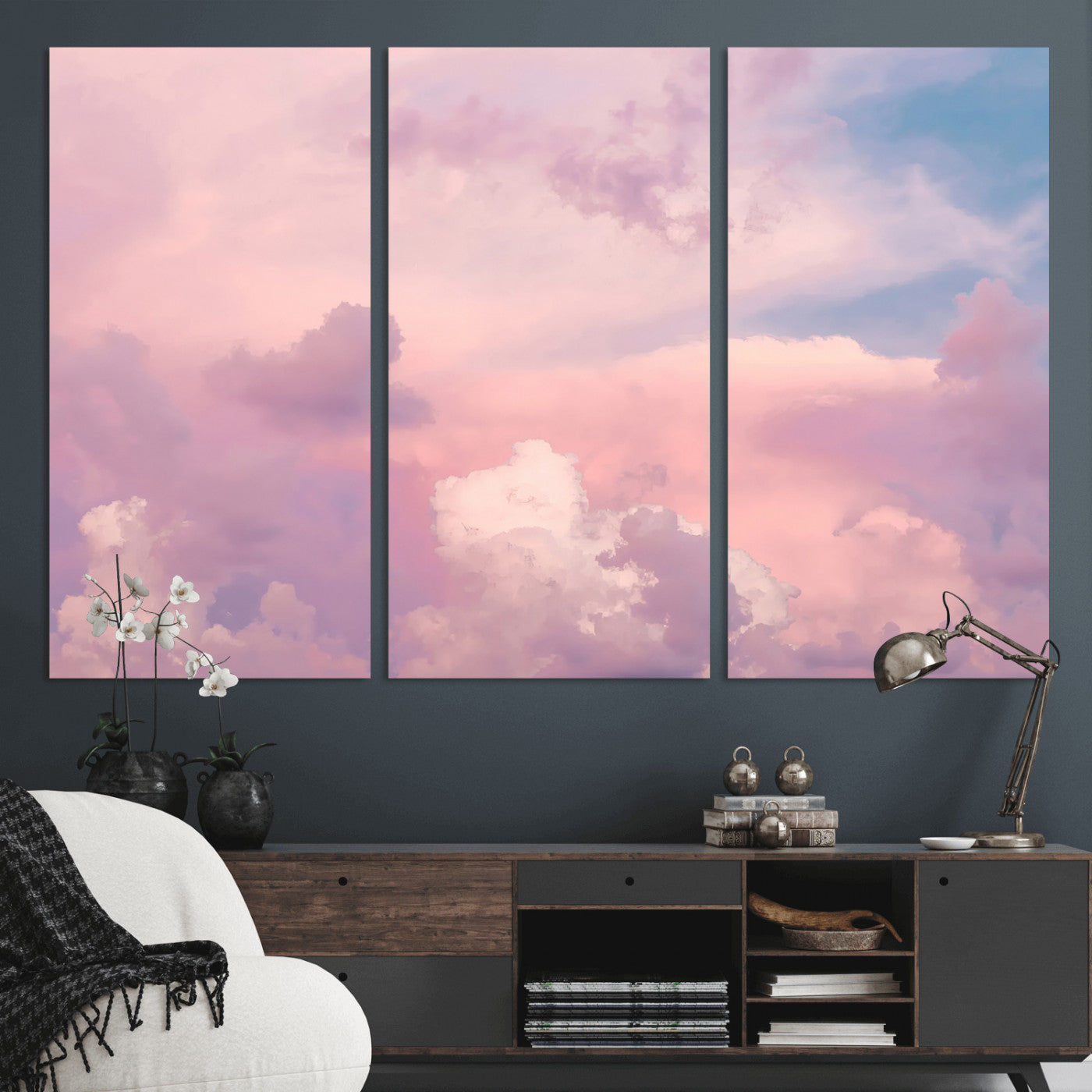 22874890-MGV-CV-36X24-Pastel Sky Wall Art Canvas Print, Framed Dreamy Cloudscape Art Picture Print, Sunset Glow Perfect Minimalist Serenity Decor