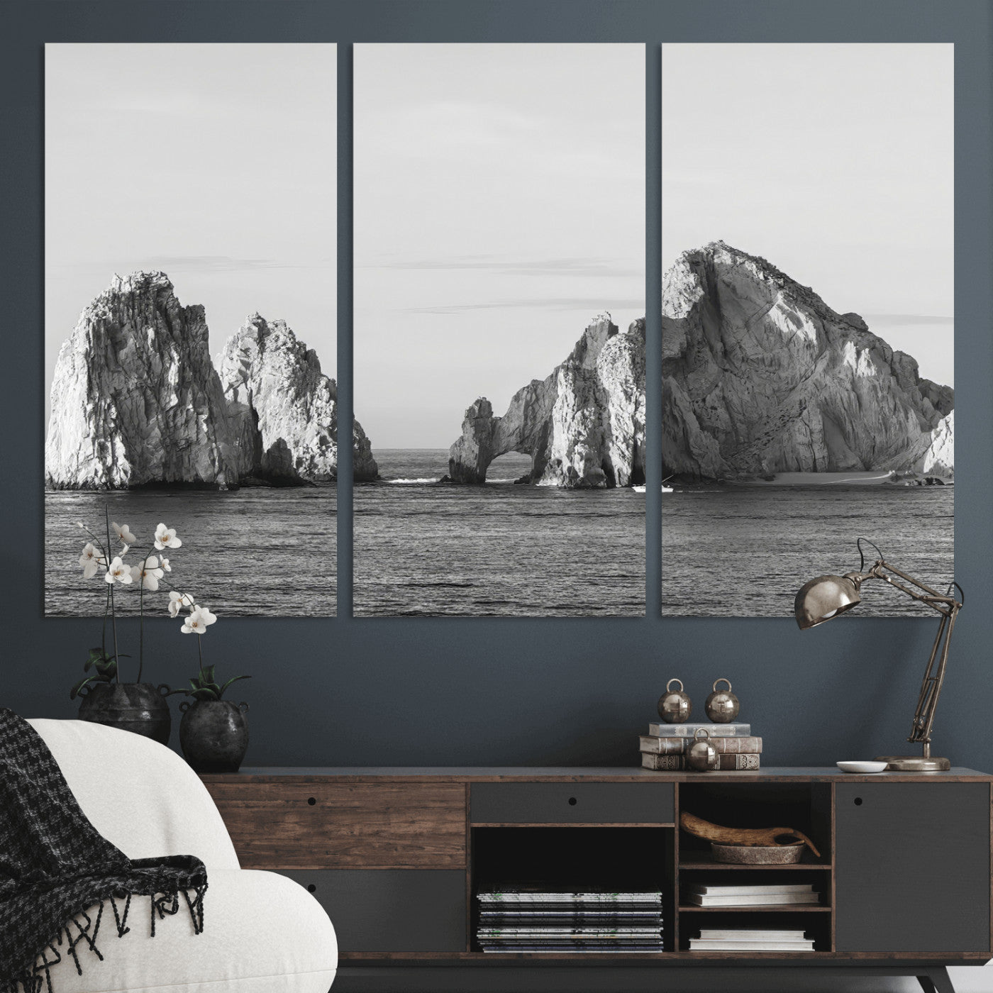 18810731-MGV-CV-36X24-Rugged Coastline Wall Art Canvas Print, Framed Ocean Cliffs Art Picture Print, Monochrome Seascape Perfect Coastal Minimalist