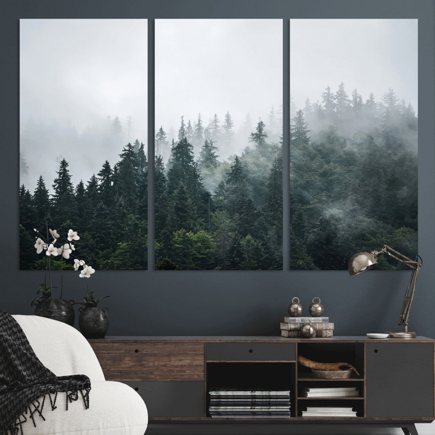 84146572-MGV-CV-36X24-Foggy Pine Trees Wall Art Canvas Print, Framed Forest Nature Art Picture Print, Evergreen Forest Perfect Scandinavian Minimalist