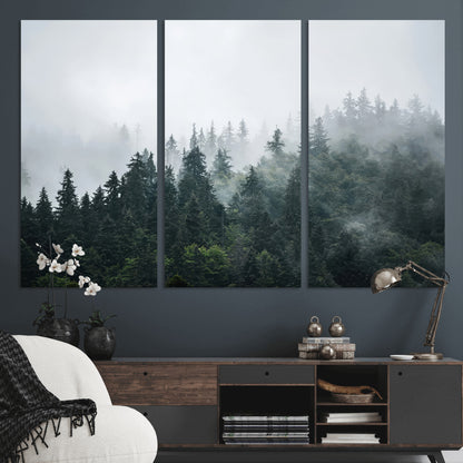 84146572-MGV-CV-36X24-Foggy Pine Trees Wall Art Canvas Print, Framed Forest Nature Art Picture Print, Evergreen Forest Perfect Scandinavian Minimalist