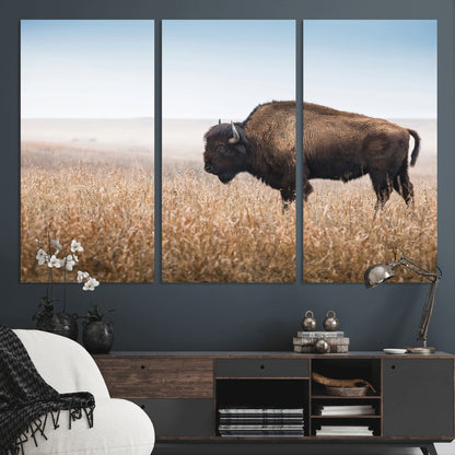 99620201-MGV-CV-36X24-Wild Bison Wall Art Canvas Print, Framed Bison in Prairie Art Picture Print, Rustic Western Perfect Rustic Western Decor Artwork