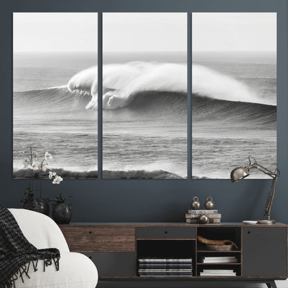 42544082-MGV-CV-36X24-Monochrome Seascape Wall Art Canvas Print, Framed Surf Wave Art Picture Print, Minimalist Ocean Perfect Moody Coastal Decor