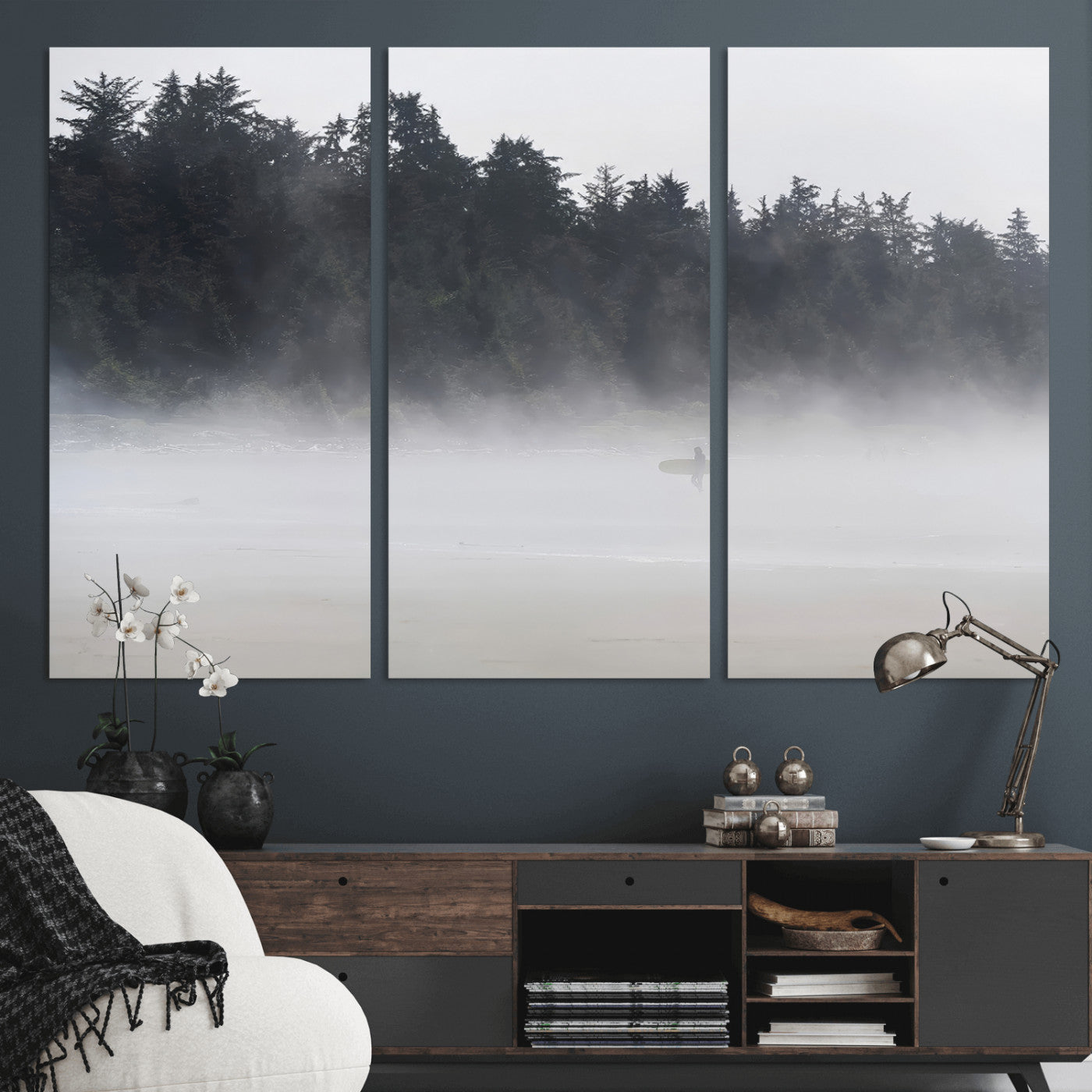 59703275-MGV-CV-36X24-Surfer in Fog Wall Art Canvas Print, Framed Foggy Beach Art Picture Print, Coastal Surf Perfect Moody Coastal Decor Artwork