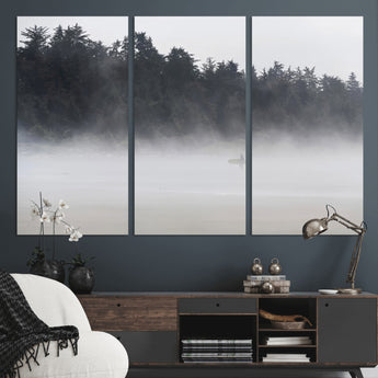 59703275-MGV-CV-36X24-Surfer in Fog Wall Art Canvas Print, Framed Foggy Beach Art Picture Print, Coastal Surf Perfect Moody Coastal Decor Artwork