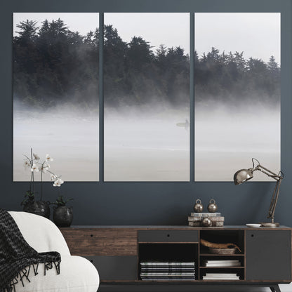 59703275-MGV-CV-36X24-Surfer in Fog Wall Art Canvas Print, Framed Foggy Beach Art Picture Print, Coastal Surf Perfect Moody Coastal Decor Artwork
