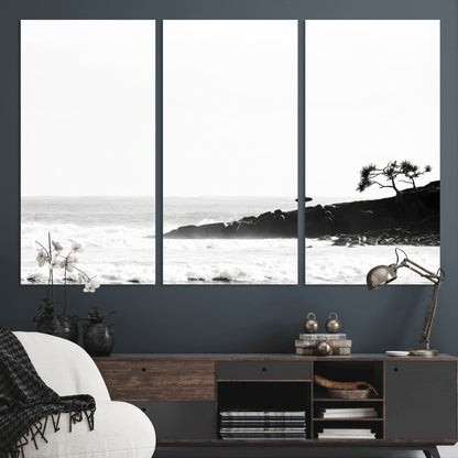 40875891-MGV-CV-36X24-SurferCliffs Wall Art Canvas Print, Framed Black White Beach Art Picture Print, Ocean Waves Perfect Minimalist Coastal Decor