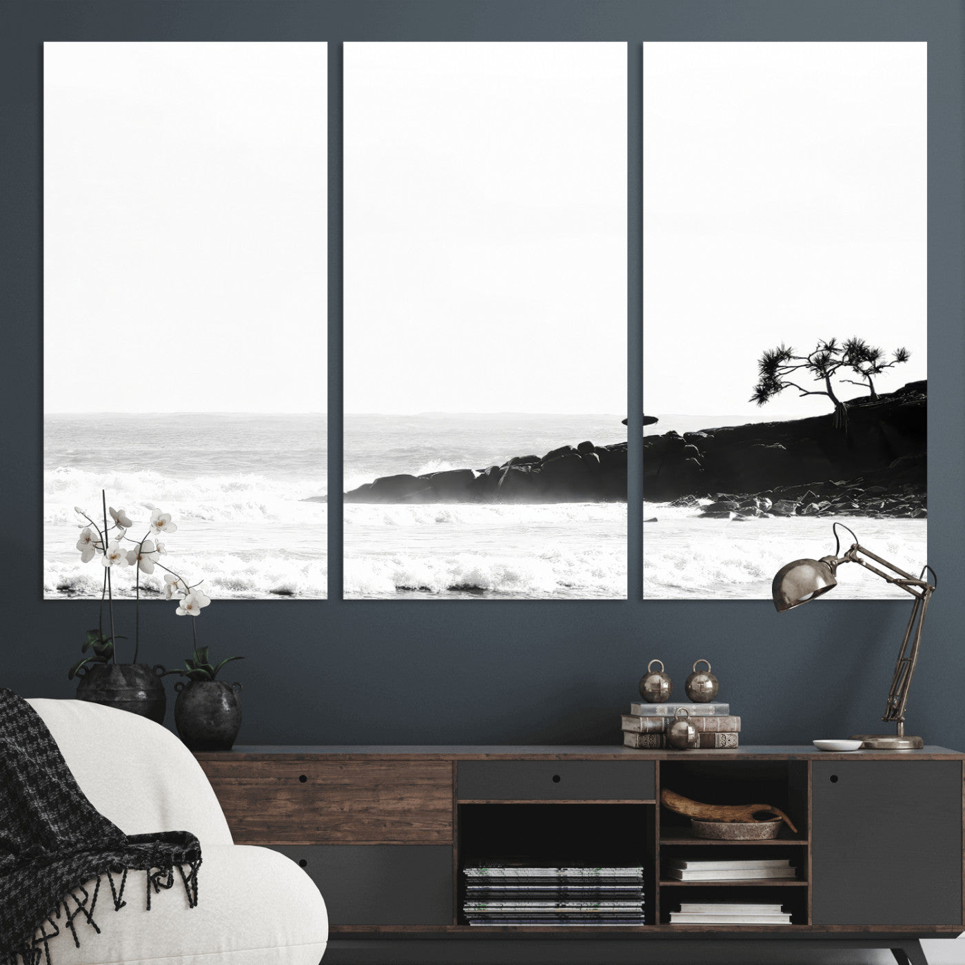 40875891-MGV-CV-36X24-SurferCliffs Wall Art Canvas Print, Framed Black White Beach Art Picture Print, Ocean Waves Perfect Minimalist Coastal Decor