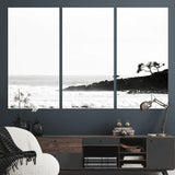 40875891-MGV-CV-36X24-SurferCliffs Wall Art Canvas Print, Framed Black White Beach Art Picture Print, Ocean Waves Perfect Minimalist Coastal Decor