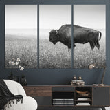 28435251-MGV-CV-48X32-3P-Bison In Prairie Wall Art Canvas Print, Framed Rustic Wildlife Art Picture Print, Wild Buffalo Perfect Rustic Western Decor