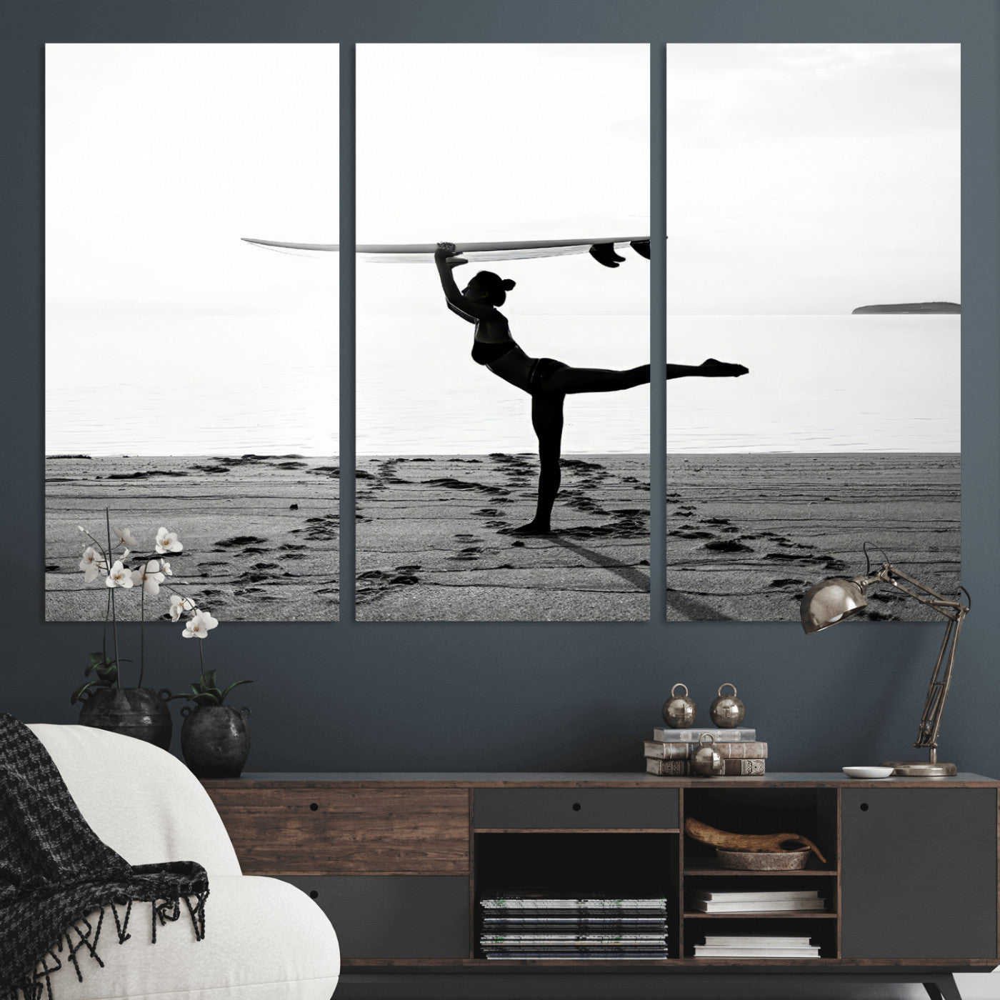28441356-MGV-CV-36X24-Yoga Surf Wall Art Canvas Print, Framed Black White Shore Art Picture Print, Peaceful Ocean Perfect Minimalist Coastal Decor