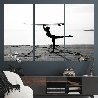 28441356-MGV-CV-36X24-Yoga Surf Wall Art Canvas Print, Framed Black White Shore Art Picture Print, Peaceful Ocean Perfect Minimalist Coastal Decor