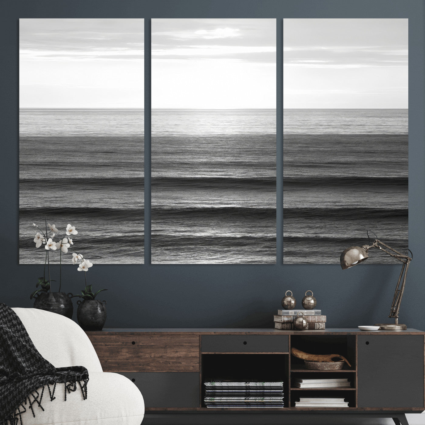 47305203-MGV-CV-36X24-Monochrome Ocean Wall Art Canvas Print, Framed Moody Ocean Art Picture Print, Calm Ocean Perfect Minimalist Coastal Decor Artwork