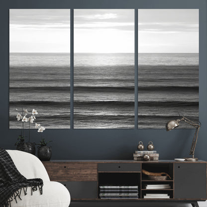 47305203-MGV-CV-36X24-Monochrome Ocean Wall Art Canvas Print, Framed Moody Ocean Art Picture Print, Calm Ocean Perfect Minimalist Coastal Decor Artwork